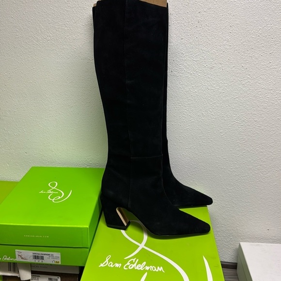 SAM EDELMAN Sulema Knee High Suede Heel Boot Black Leather Zipper Closure - Picture 5 of 7
